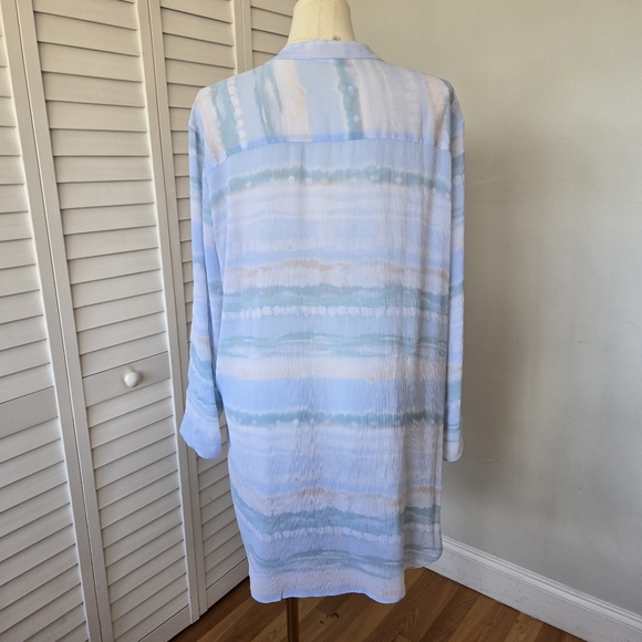 TruSelf Blue‎ Green Watercolor Striped Tunic Top Size 3X Split Neck Coastal Boho - Picture 6 of 11